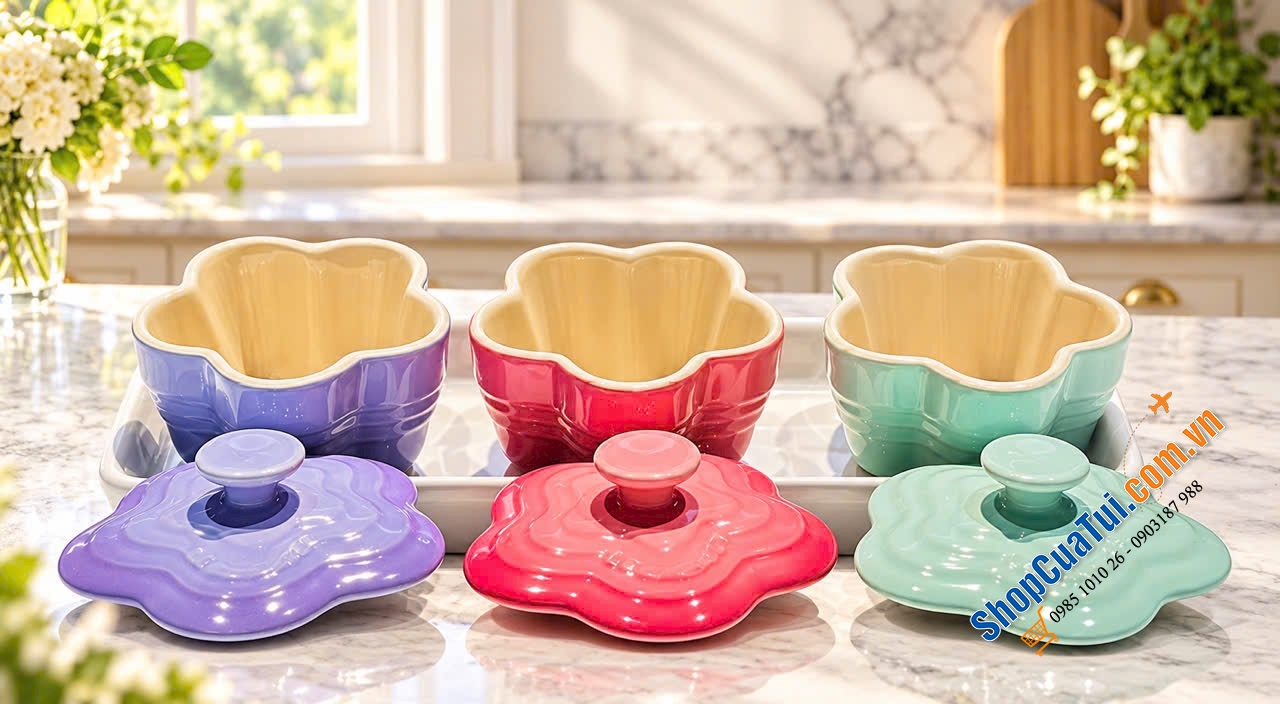 SET 3 HŨ HOA KÈM KHAY LE CREUSET – XINH XỈU, SANG TRỌNG, ĐẬM CHẤT PHÁP.