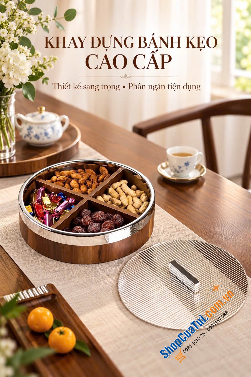 KHAY TRÒN CHIA NGĂN CÓ NẮP MODERN – GỖ ÓC CHÓ CAO CẤP.