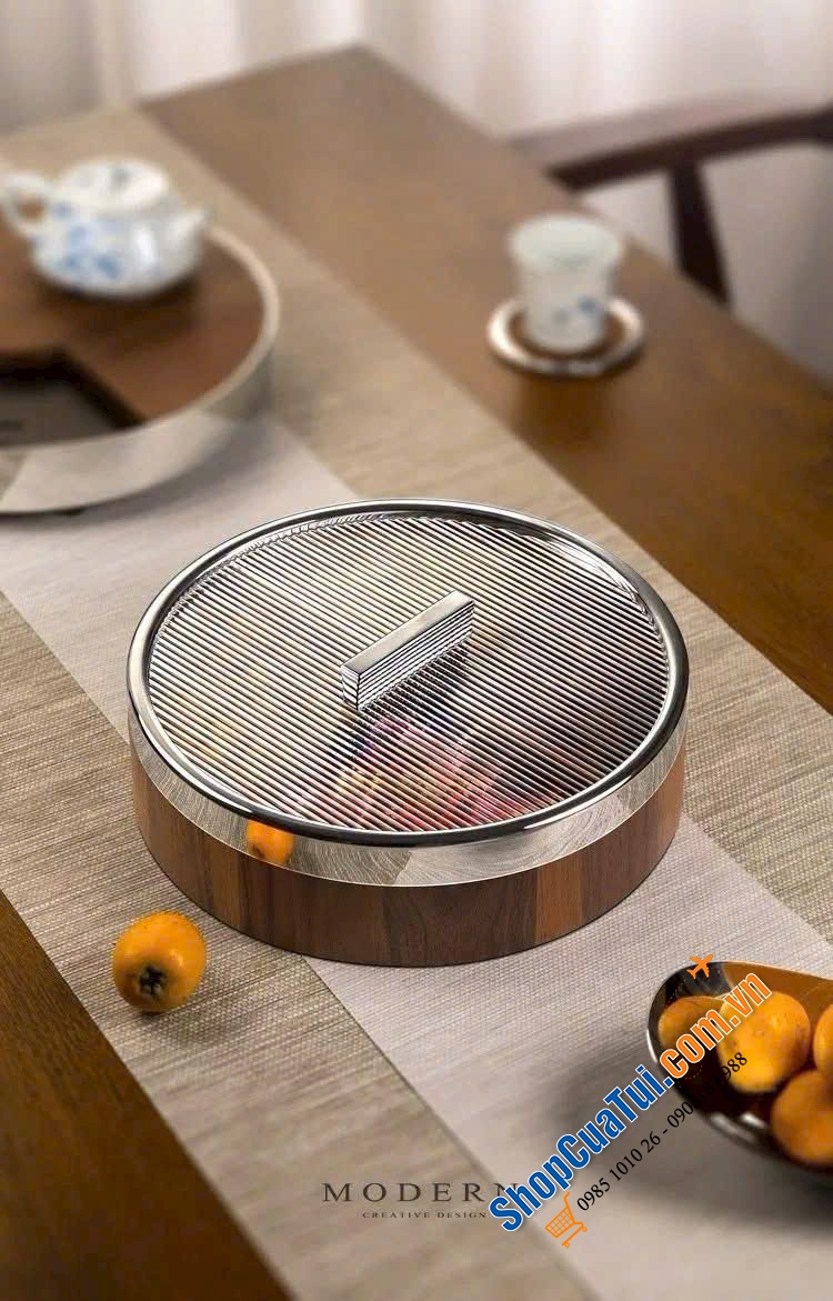 KHAY TRÒN CHIA NGĂN CÓ NẮP MODERN – GỖ ÓC CHÓ CAO CẤP.