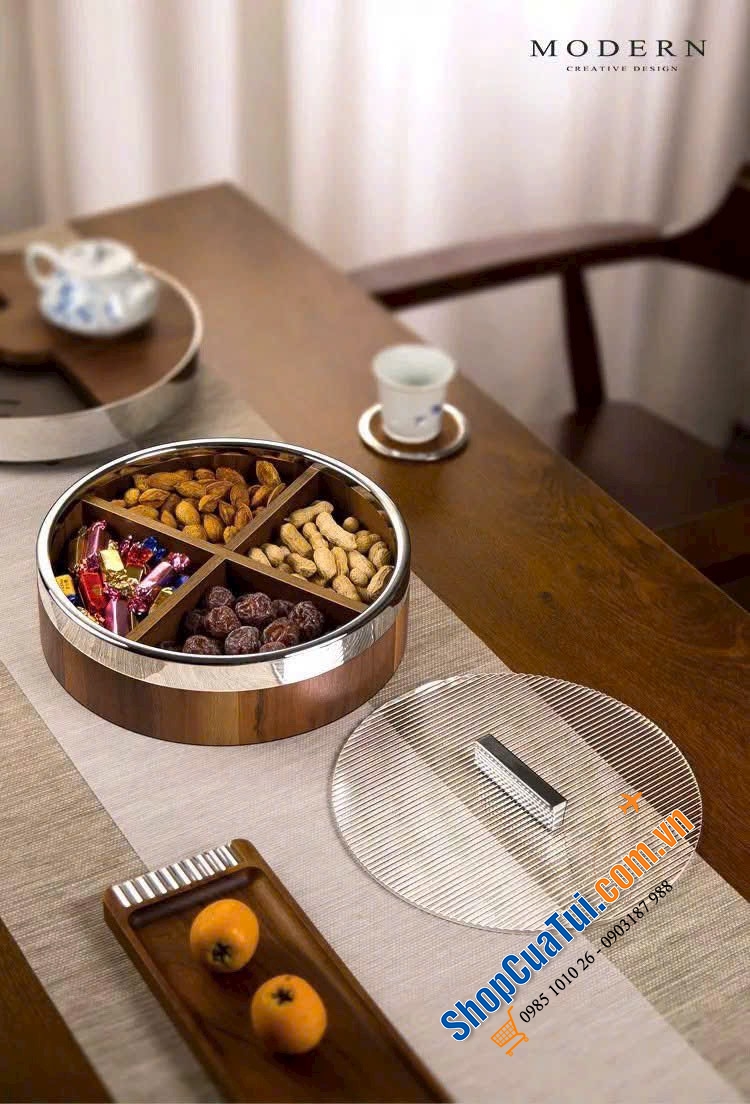 KHAY TRÒN CHIA NGĂN CÓ NẮP MODERN – GỖ ÓC CHÓ CAO CẤP.