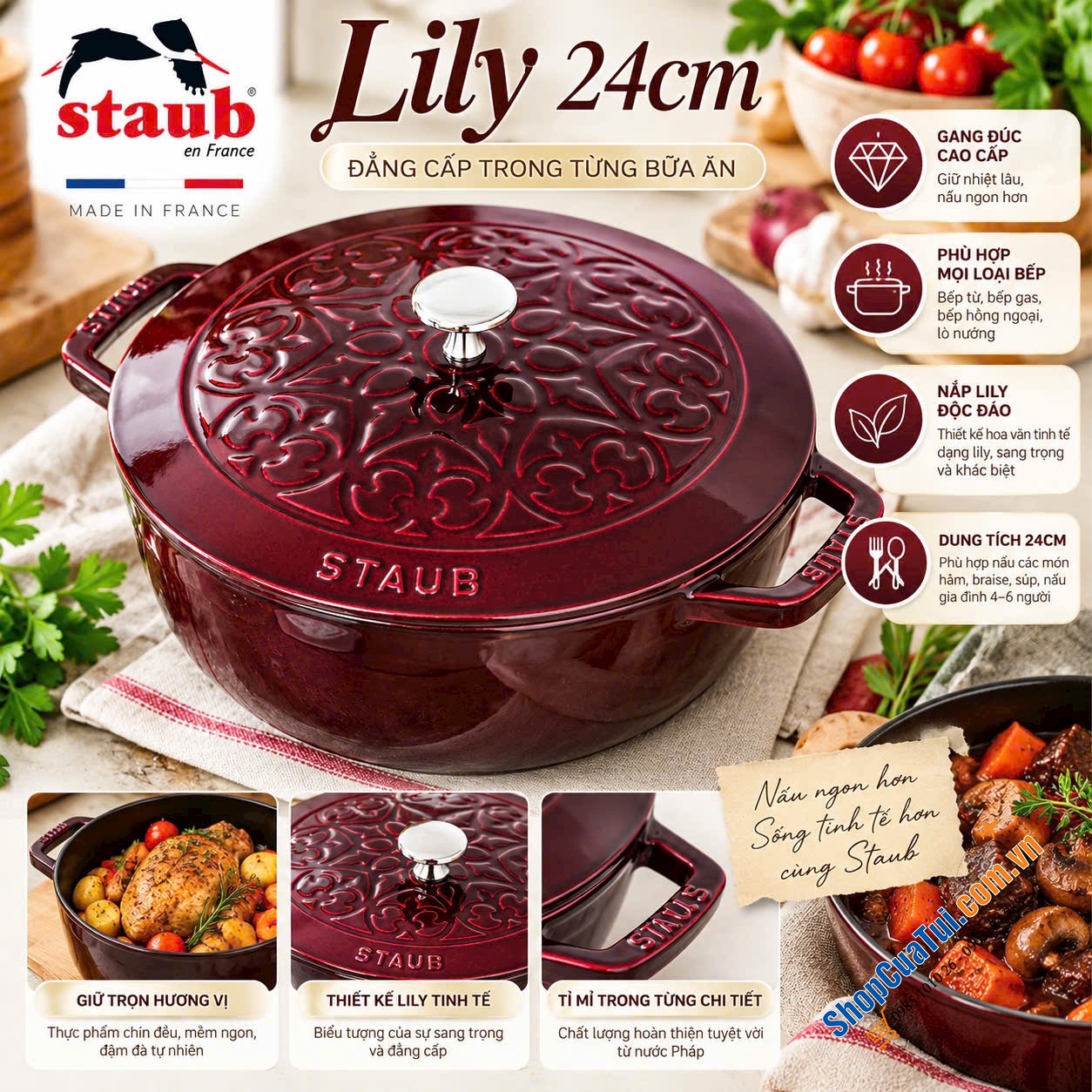 NỒI STAUB LILY 24CM – TUYỆT TÁC NỒI GANG MÀU ĐỎ MẬN.