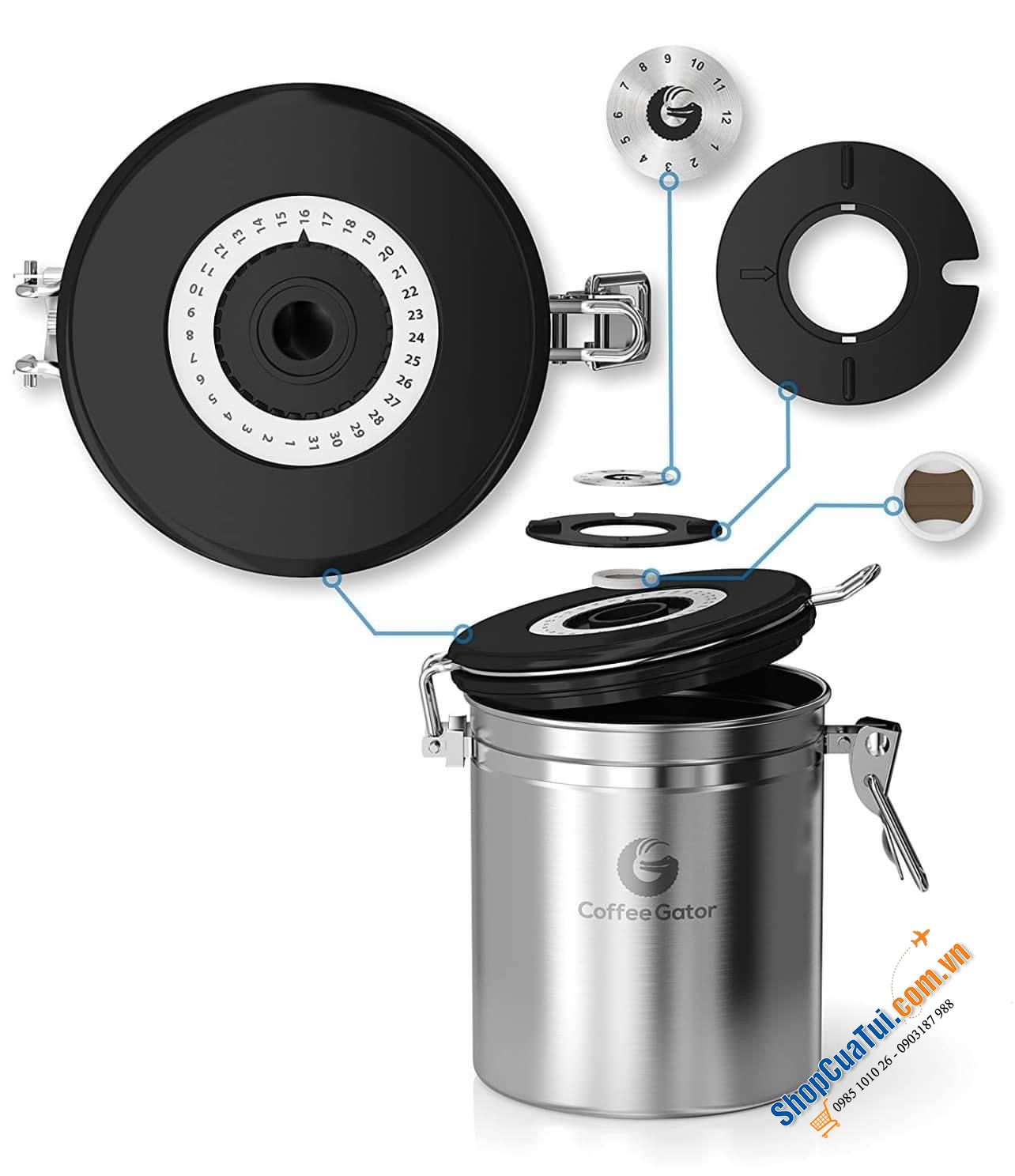 Hộp đựng cà phê bằng thép không gỉ Coffee Gator size trung 1,3 L- Giữ cho cà phê và đậu xay tươi lâu hơn - Hộp đựng có Theo dõi ngày tháng, Van xả CO2 và Thìa đo (Lớn, Xám), Thép không gỉ