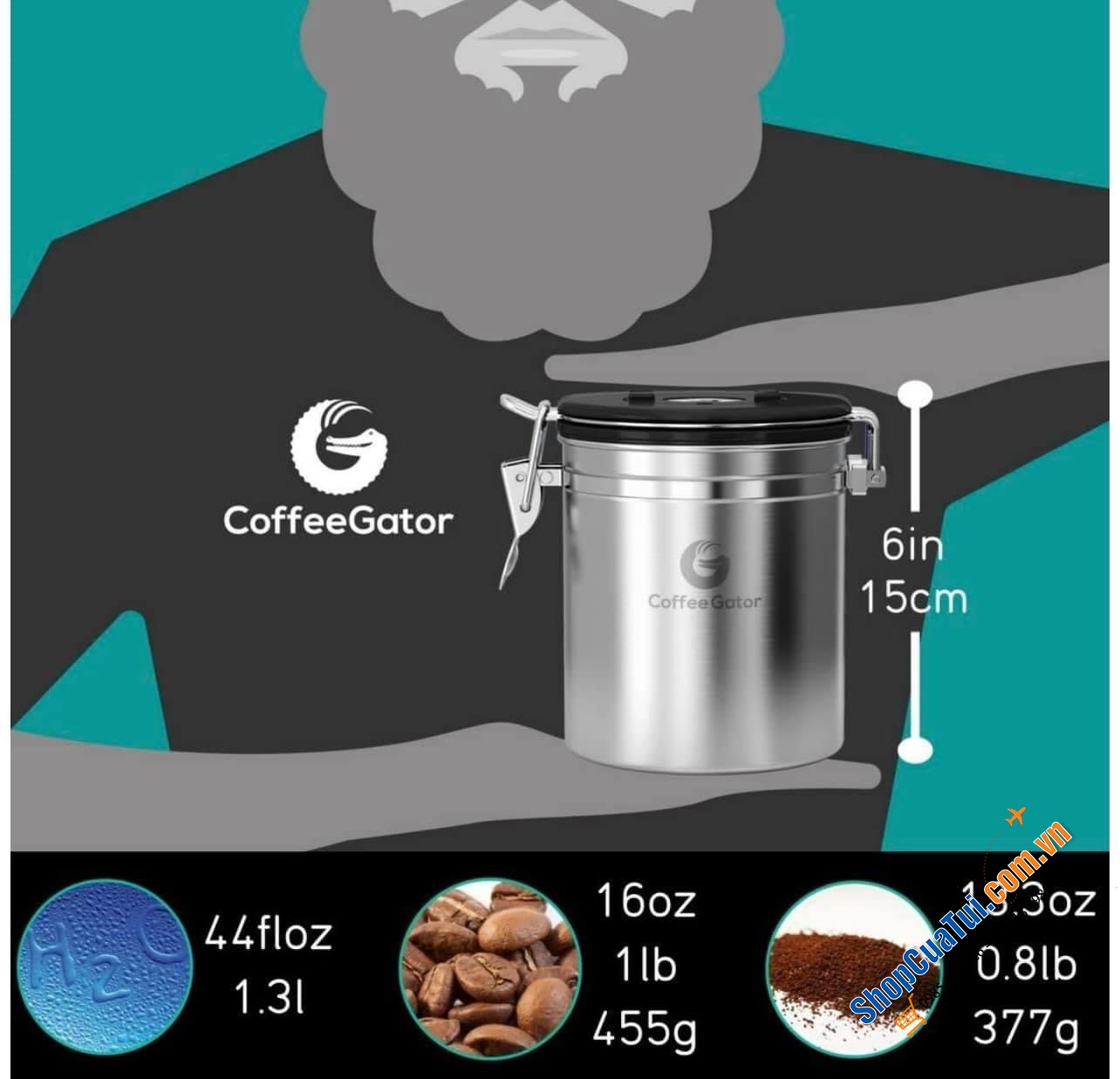 Hộp đựng cà phê bằng thép không gỉ Coffee Gator size trung 1,3 L- Giữ cho cà phê và đậu xay tươi lâu hơn - Hộp đựng có Theo dõi ngày tháng, Van xả CO2 và Thìa đo (Lớn, Xám), Thép không gỉ