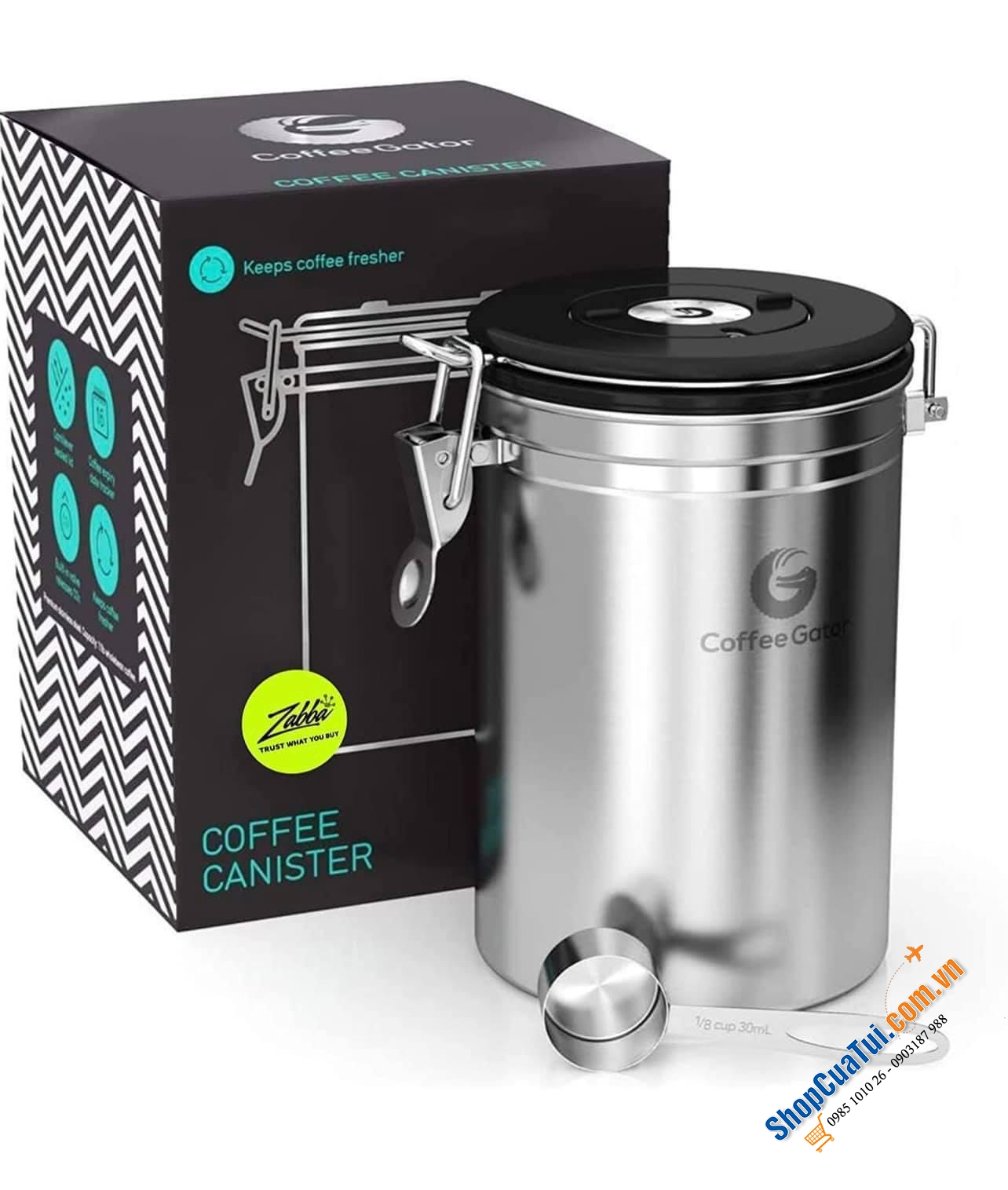Hộp đựng cà phê bằng thép không gỉ Coffee Gator size trung 1,3 L- Giữ cho cà phê và đậu xay tươi lâu hơn - Hộp đựng có Theo dõi ngày tháng, Van xả CO2 và Thìa đo (Lớn, Xám), Thép không gỉ