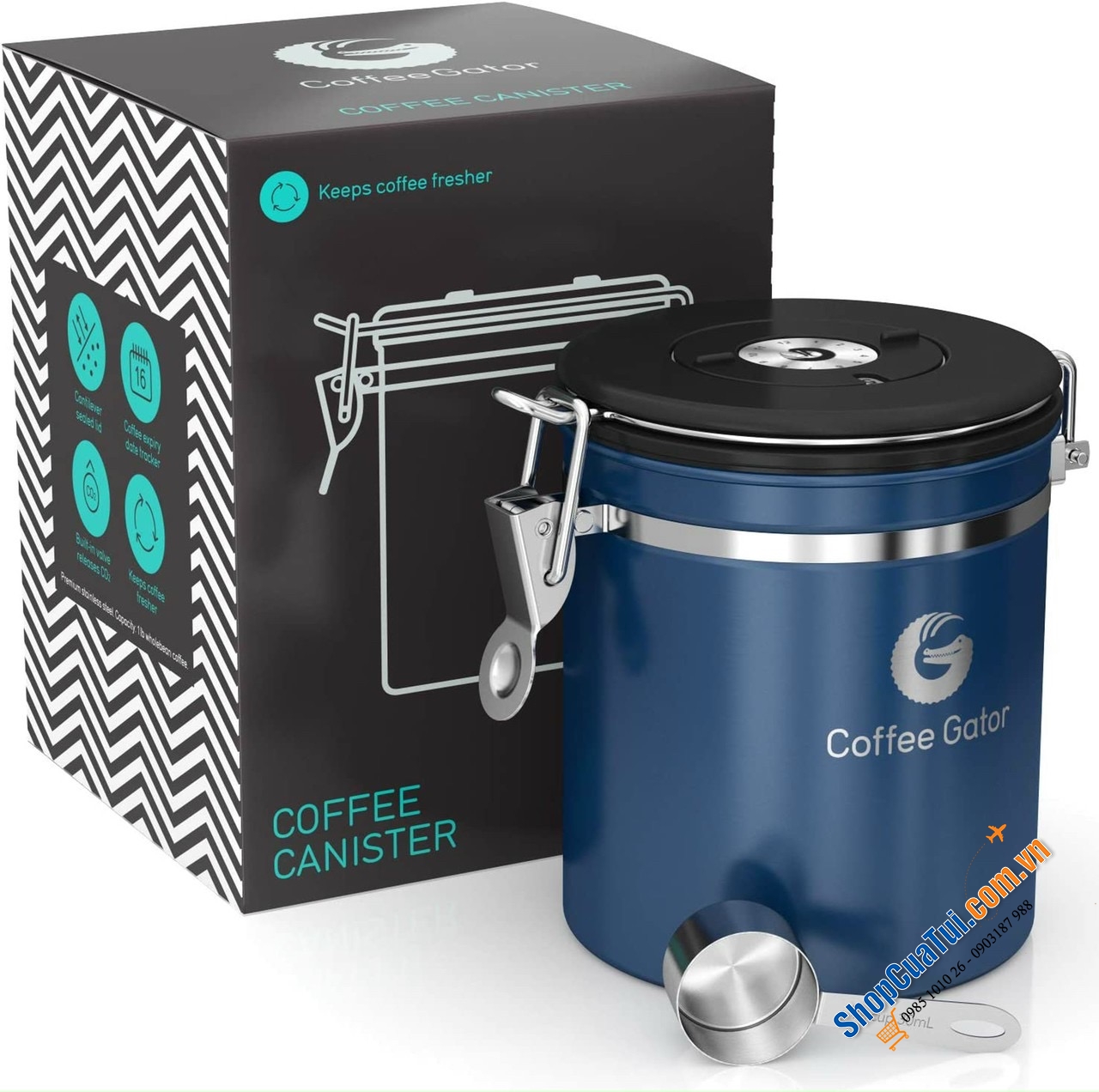 Hộp đựng cà phê bằng thép không gỉ Coffee Gator size trung 1,3 L- Giữ cho cà phê và đậu xay tươi lâu hơn - Hộp đựng có Theo dõi ngày tháng, Van xả CO2 và Thìa đo (Lớn, Xám), Thép không gỉ