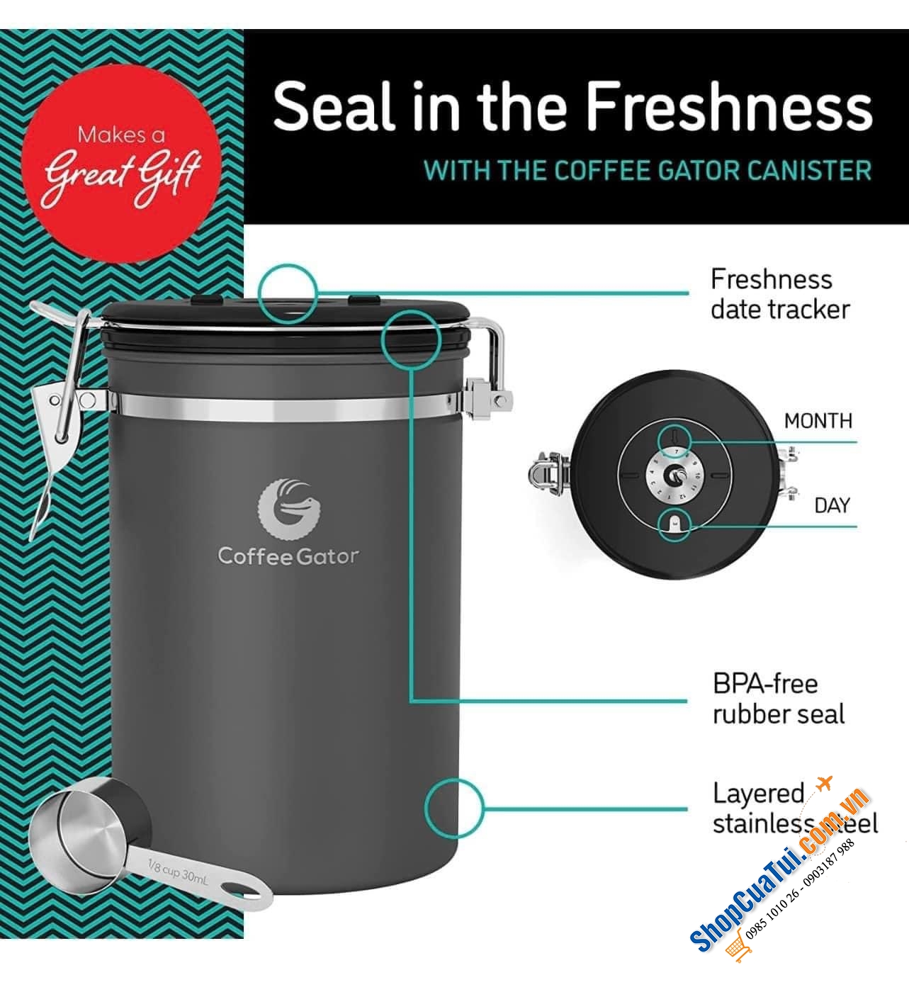 Hộp đựng cà phê bằng thép không gỉ Coffee Gator size trung 1,3 L- Giữ cho cà phê và đậu xay tươi lâu hơn - Hộp đựng có Theo dõi ngày tháng, Van xả CO2 và Thìa đo (Lớn, Xám), Thép không gỉ