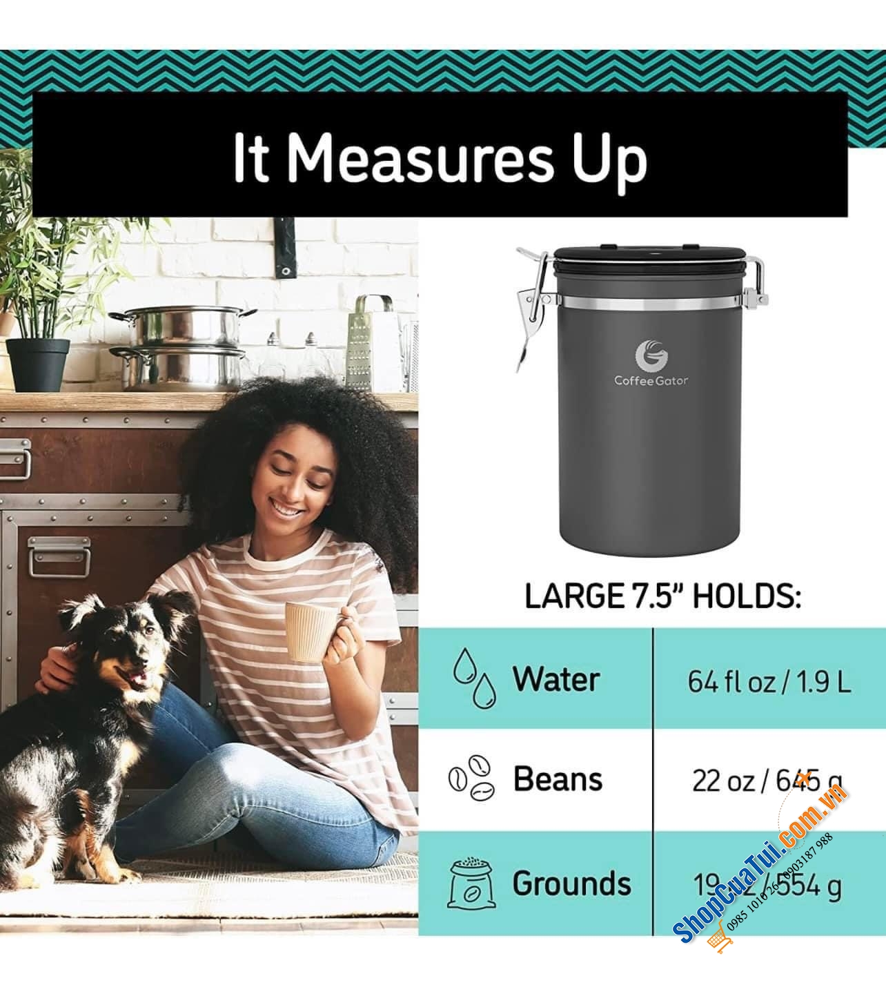 Hộp đựng cà phê bằng thép không gỉ Coffee Gator size trung 1,3 L- Giữ cho cà phê và đậu xay tươi lâu hơn - Hộp đựng có Theo dõi ngày tháng, Van xả CO2 và Thìa đo (Lớn, Xám), Thép không gỉ