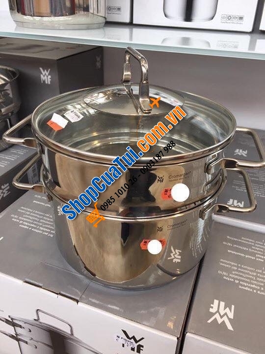 Nồi và xửng hấp WMF Dampfgarer đường kính 20cm, cao khoảng 18cm.