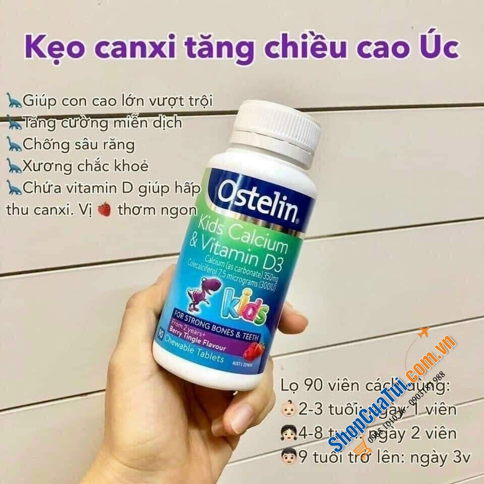 Canxi khủng long cho bé - VIÊN NHAI BỔ SUNG CANXI VÀ VITAMIN D CHO BÉ lọ 90 viên - Ostelin Kids Calcium & Vitamin D3 90 Chewable Tablets