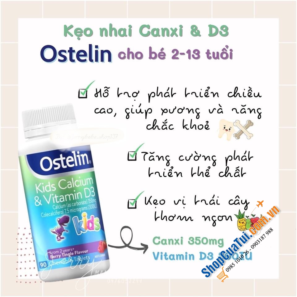 Canxi khủng long cho bé - VIÊN NHAI BỔ SUNG CANXI VÀ VITAMIN D CHO BÉ lọ 90 viên - Ostelin Kids Calcium & Vitamin D3 90 Chewable Tablets