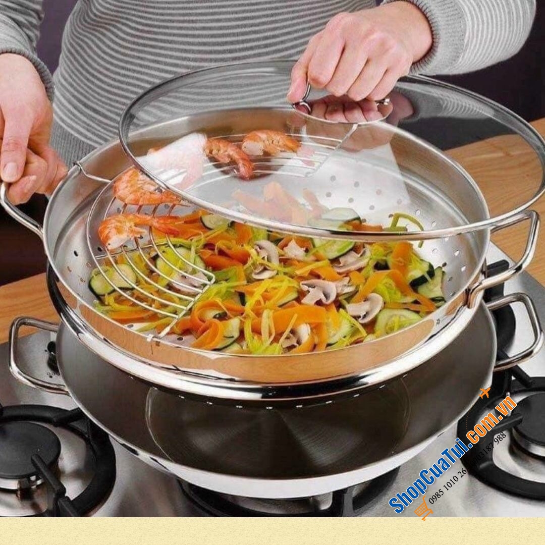 Chảo hấp WMF WOK Macao 36cm, đường kính tiếp xúc mặt bếp 16cm.Chảo có 2 tầng