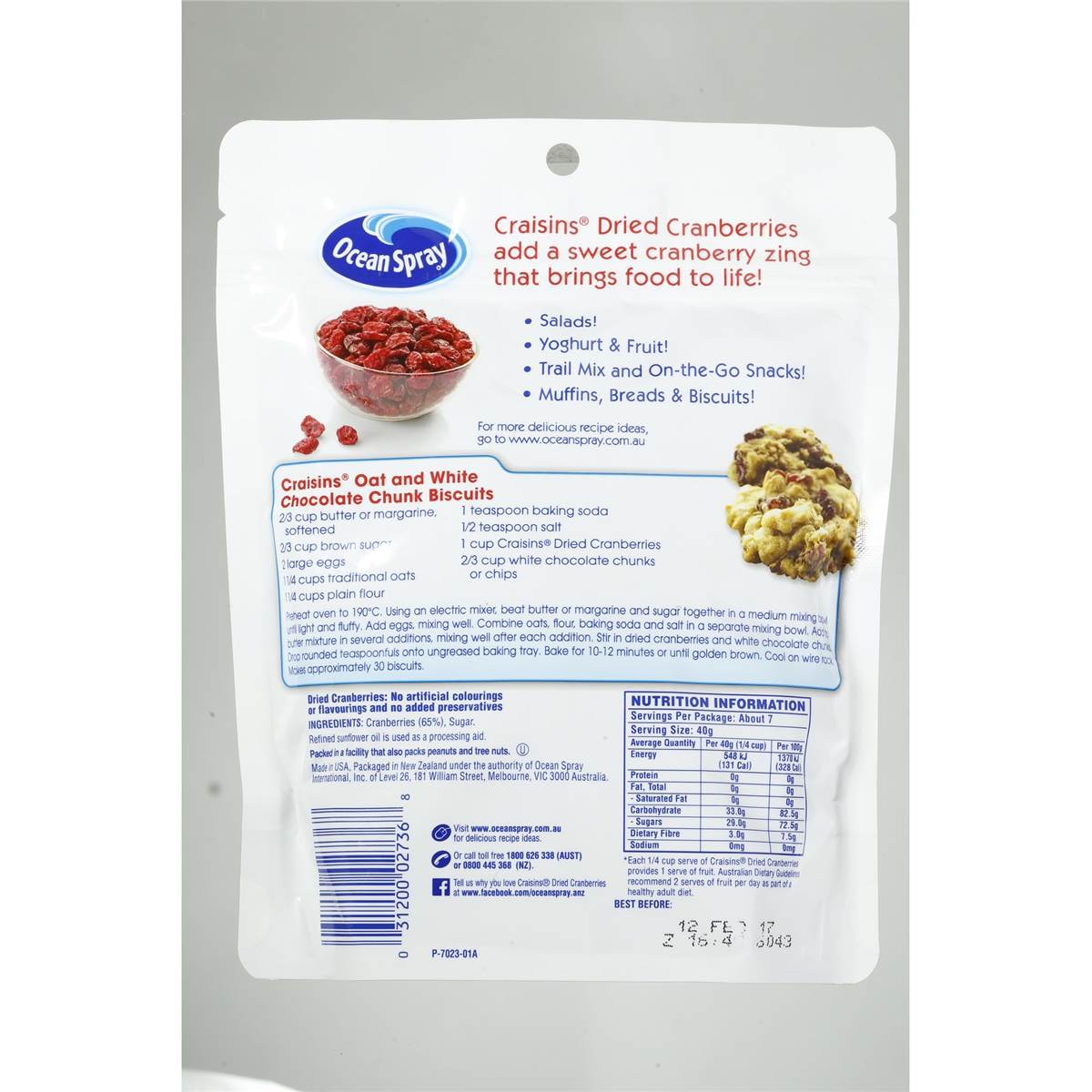 Nam Việt Quất Ocean Spray Craisins Dried Cranberries Original 280g