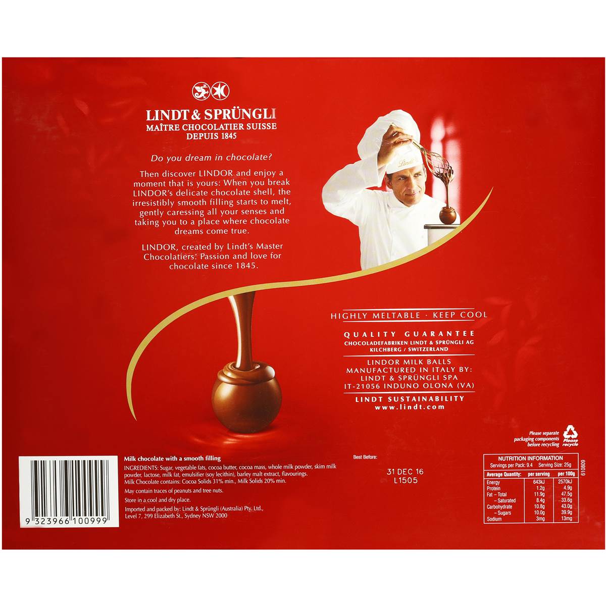 Kẹo sô cô la - Lindt Lindor Chocolate Balls Milk hộp 235g