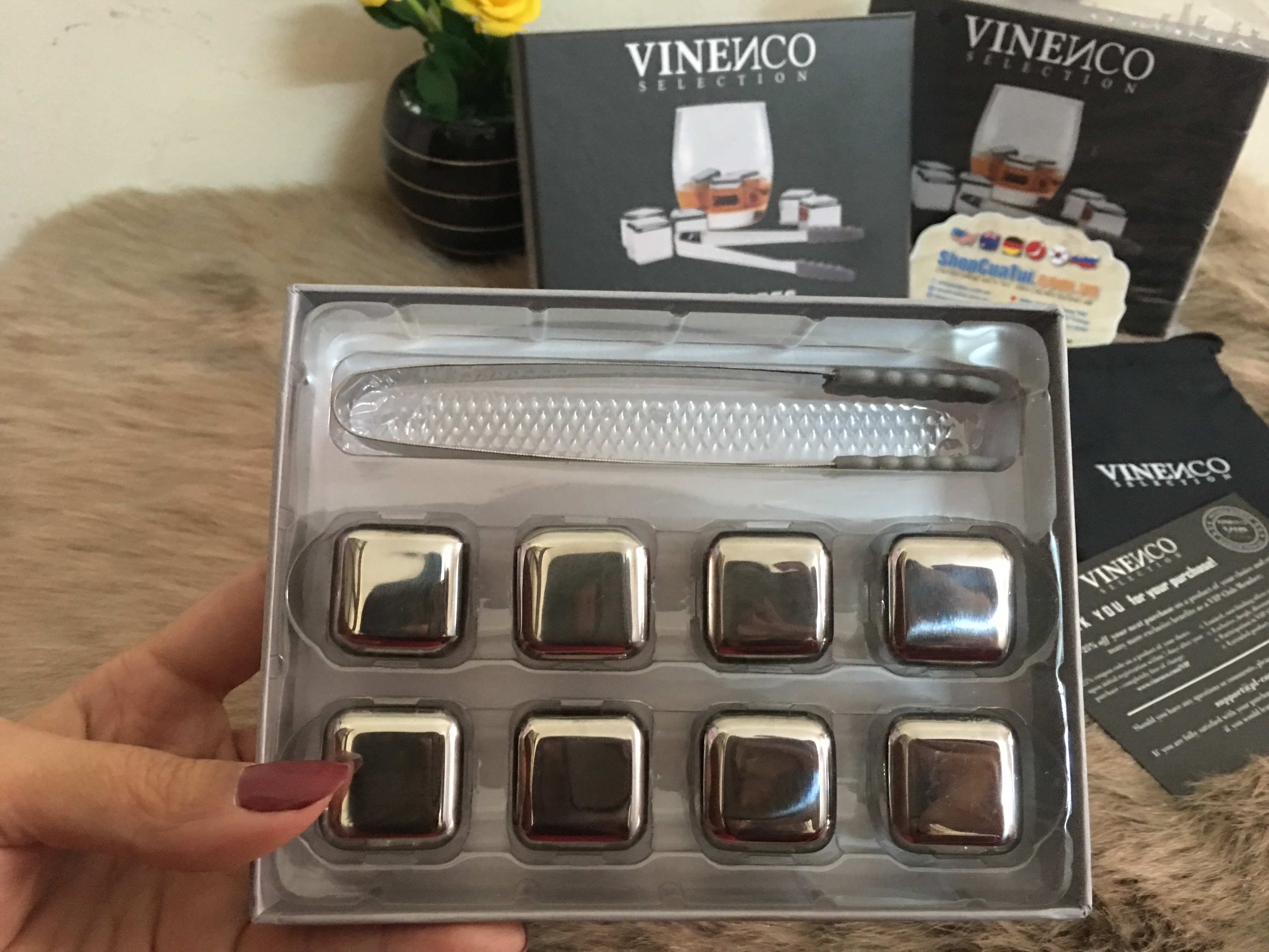 SET 8 VIÊN ĐÁ INOX VINENCO + 1 cây gắp có hộp rất đẹp và lịch sự ah.