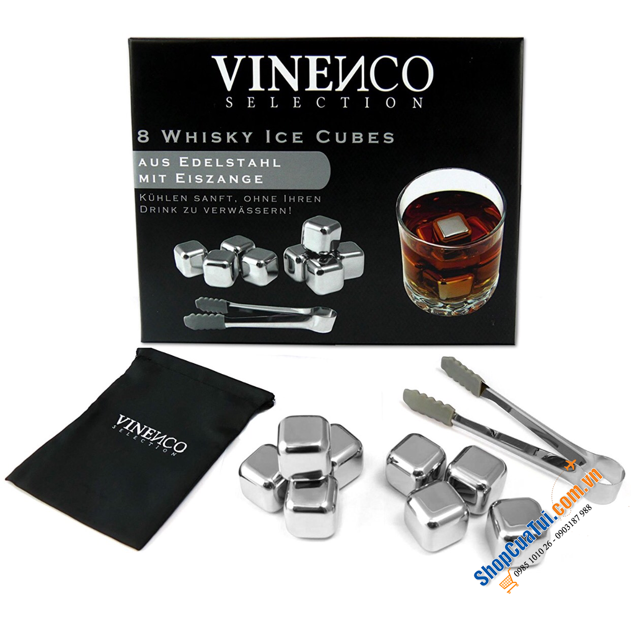 SET 8 VIÊN ĐÁ INOX VINENCO + 1 cây gắp có hộp rất đẹp và lịch sự ah.