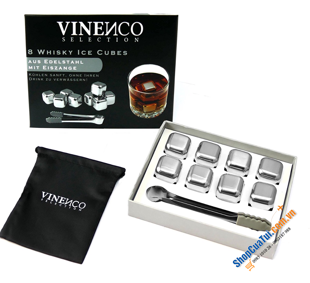 SET 8 VIÊN ĐÁ INOX VINENCO + 1 cây gắp có hộp rất đẹp và lịch sự ah.