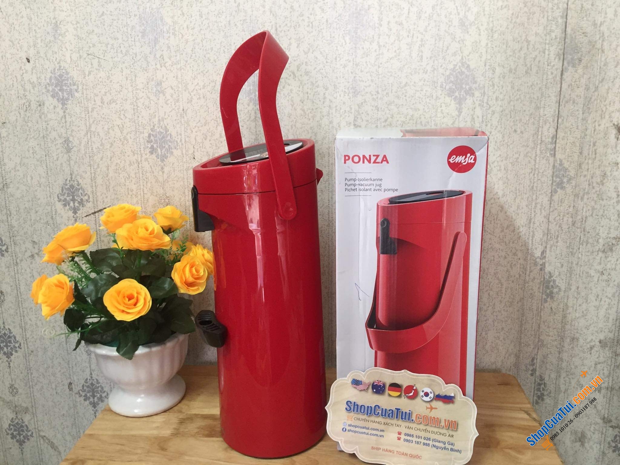 Phích giữ nhiệt Emsa Ponza 1,9 lít có vòi lấy nước - MÀU ĐỎ.