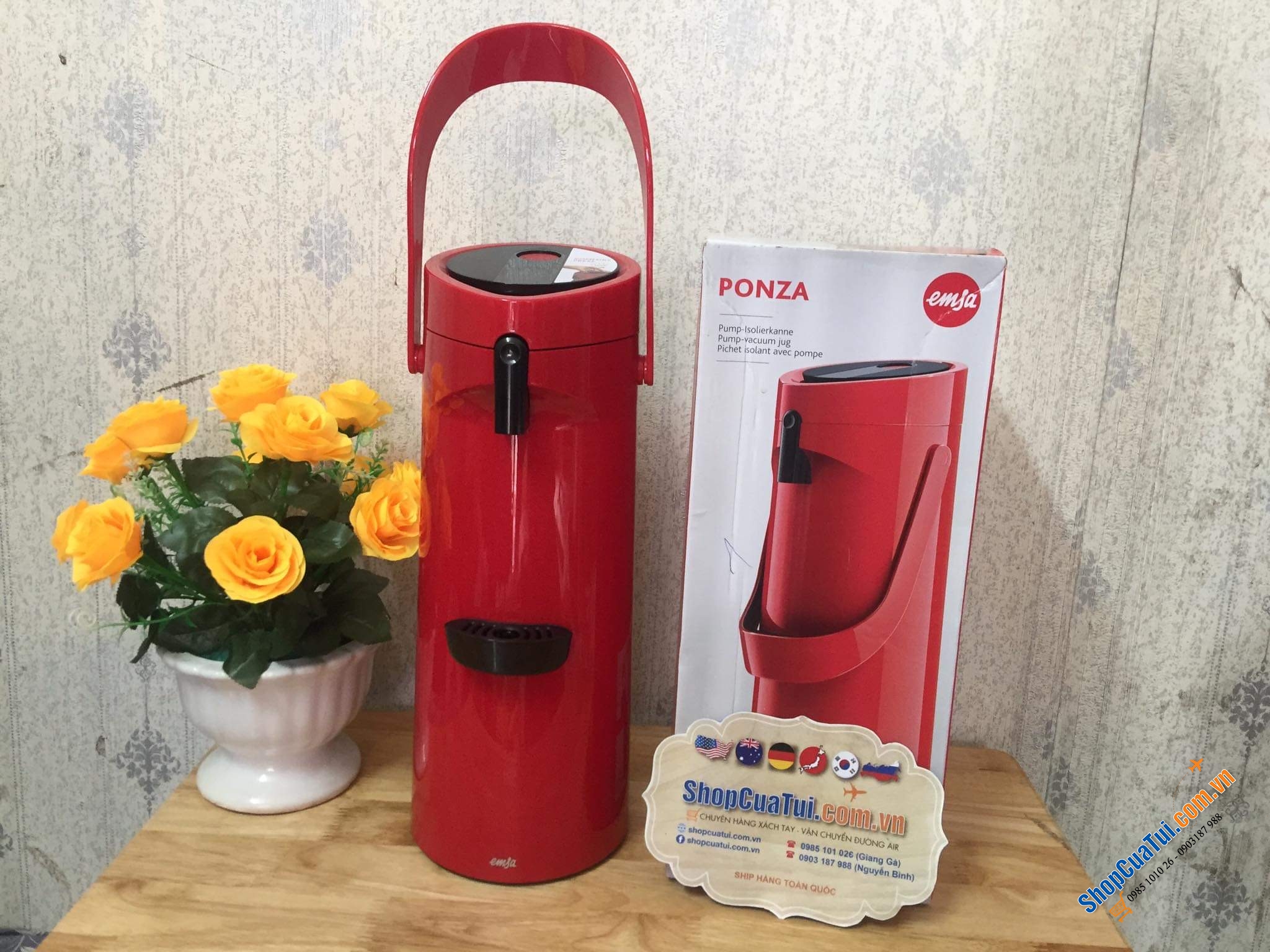 Phích giữ nhiệt Emsa Ponza 1,9 lít có vòi lấy nước - MÀU ĐỎ.