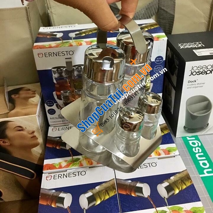SET ĐỰNG GIA VỊ 4 MÓN ERNESTO - Set đựng dầu dấm, nước mắm, xì dầu và muối tiêu Ernesto, Đức