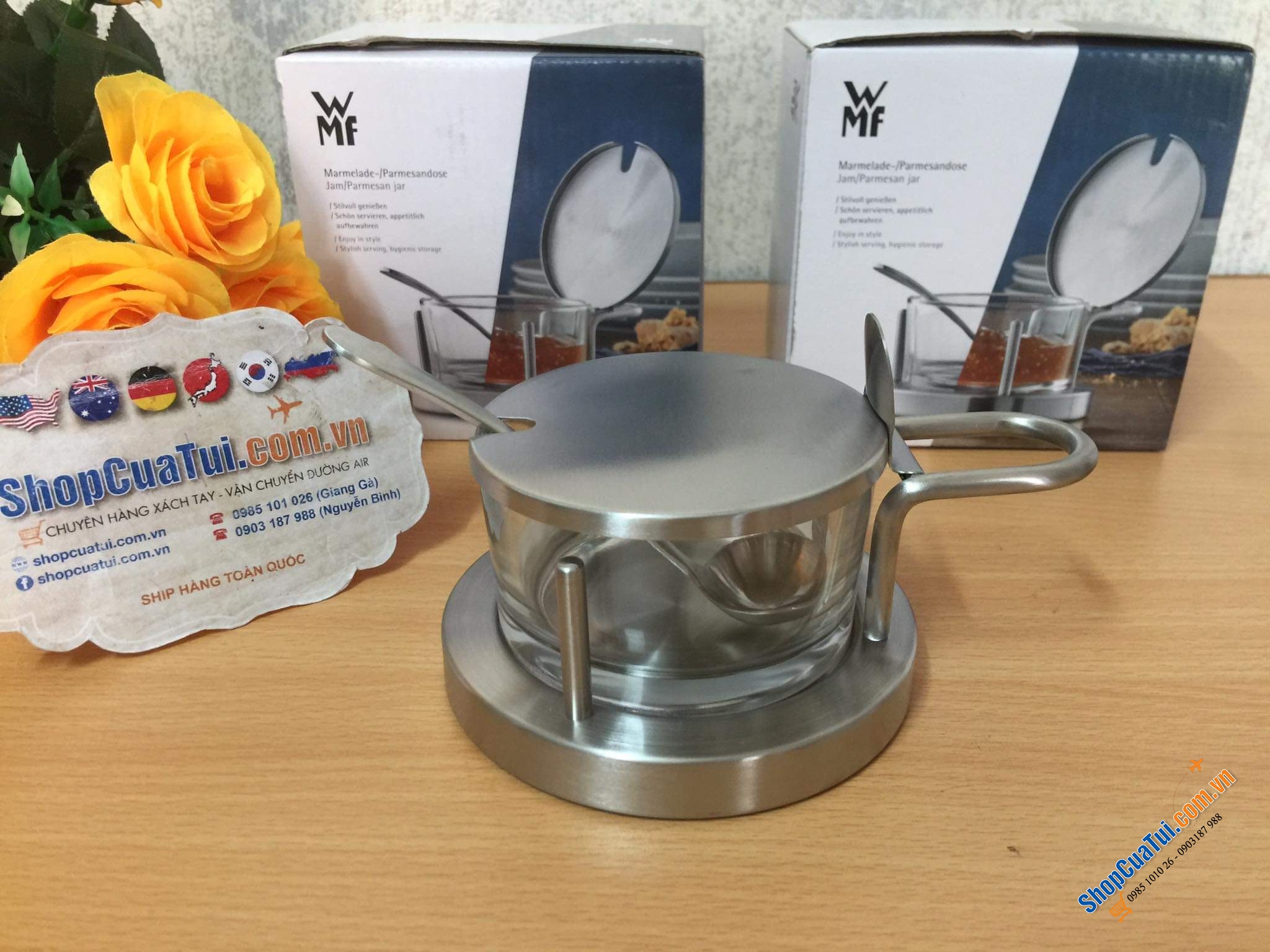 HŨ ĐỰNG GIA VỊ, DẤM ỚT, MỨT, MẬT ONG, ĐƯỜNG WMF CÓ THÌA