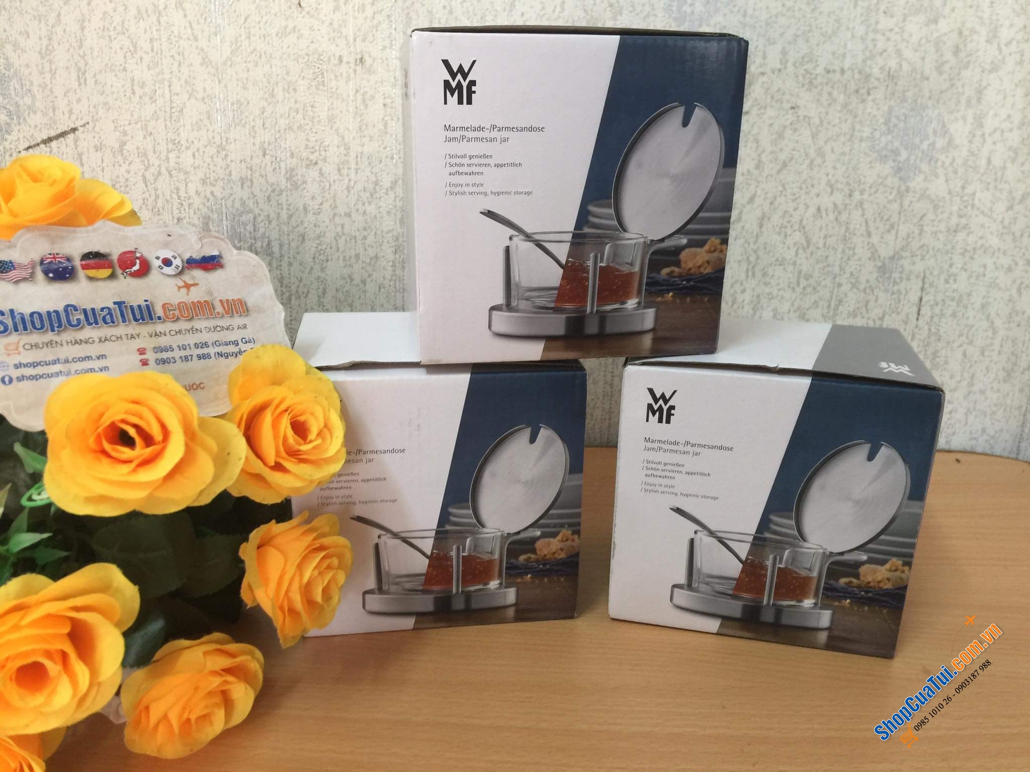 HŨ ĐỰNG GIA VỊ, DẤM ỚT, MỨT, MẬT ONG, ĐƯỜNG WMF CÓ THÌA