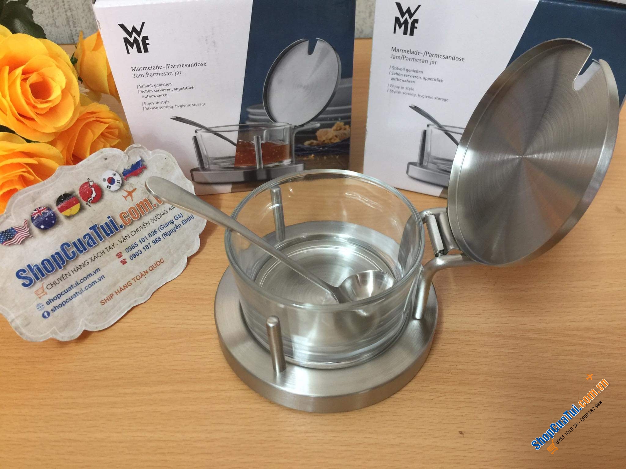 HŨ ĐỰNG GIA VỊ, DẤM ỚT, MỨT, MẬT ONG, ĐƯỜNG WMF CÓ THÌA