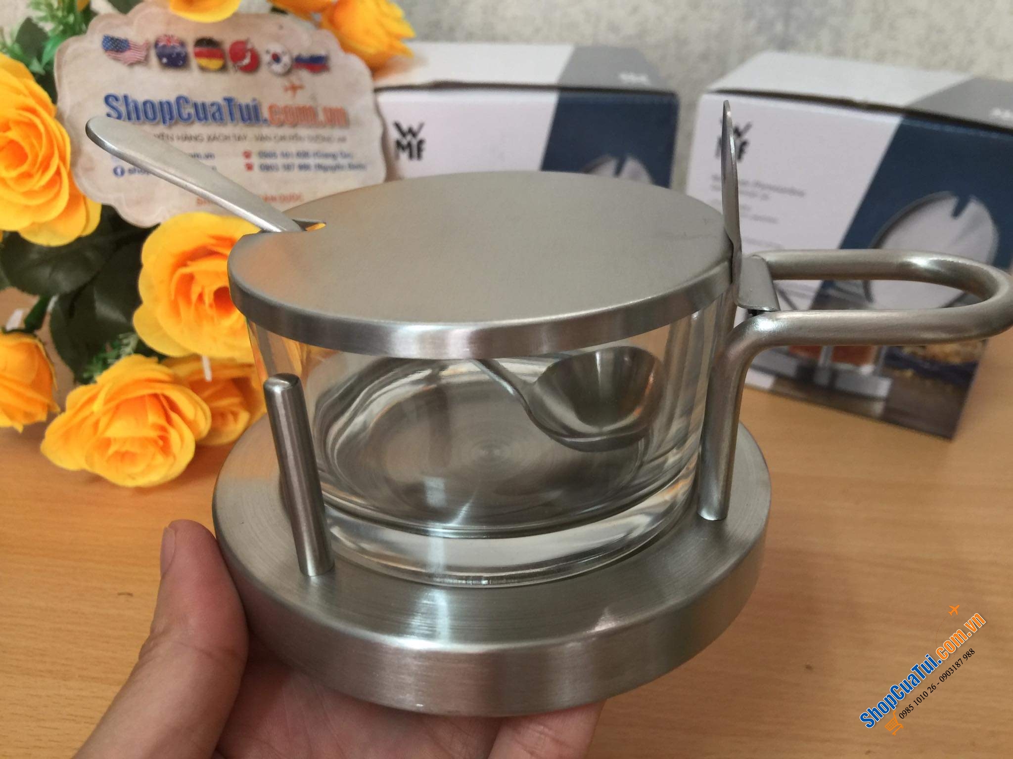 HŨ ĐỰNG GIA VỊ, DẤM ỚT, MỨT, MẬT ONG, ĐƯỜNG WMF CÓ THÌA