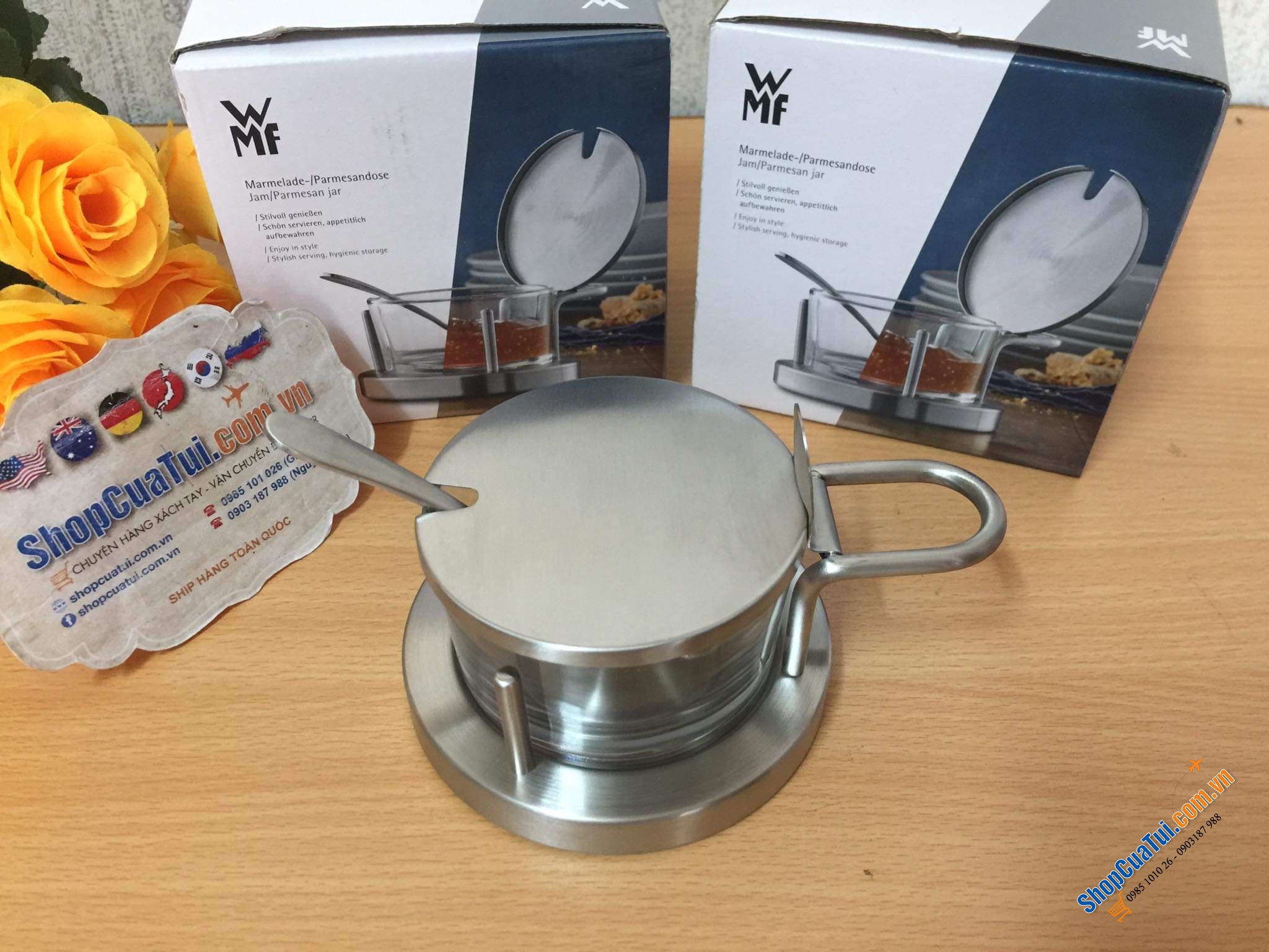 HŨ ĐỰNG GIA VỊ, DẤM ỚT, MỨT, MẬT ONG, ĐƯỜNG WMF CÓ THÌA