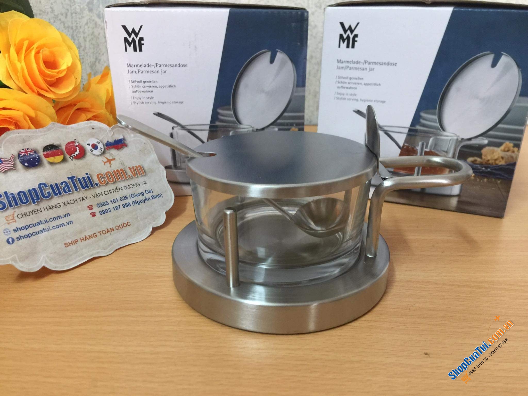 HŨ ĐỰNG GIA VỊ, DẤM ỚT, MỨT, MẬT ONG, ĐƯỜNG WMF CÓ THÌA