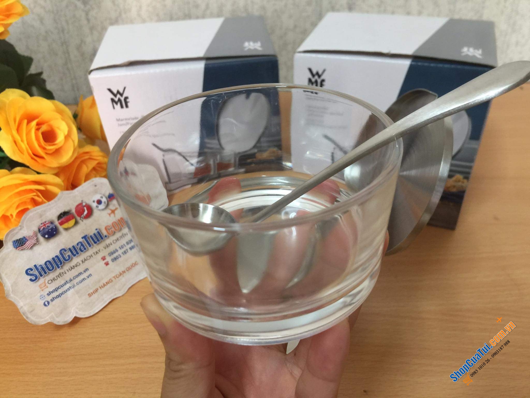 HŨ ĐỰNG GIA VỊ, DẤM ỚT, MỨT, MẬT ONG, ĐƯỜNG WMF CÓ THÌA