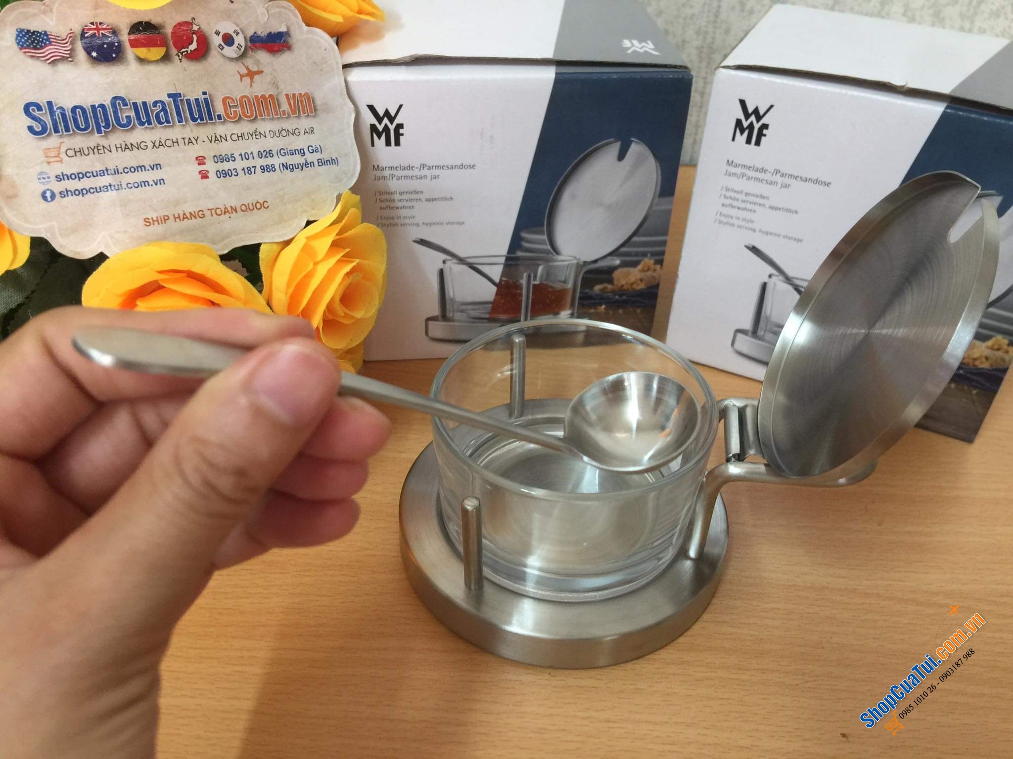 HŨ ĐỰNG GIA VỊ, DẤM ỚT, MỨT, MẬT ONG, ĐƯỜNG WMF CÓ THÌA