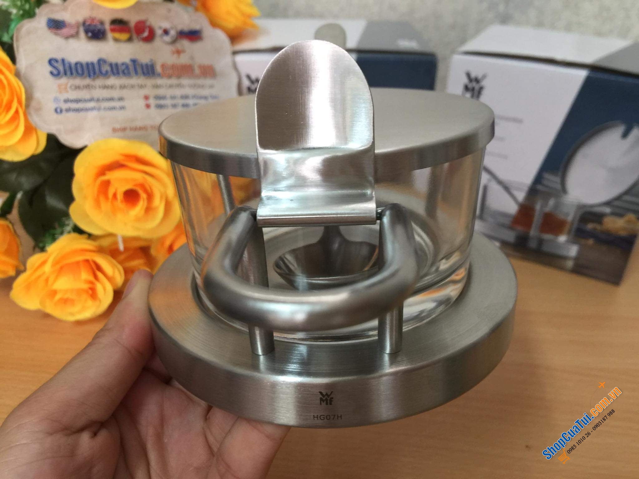 HŨ ĐỰNG GIA VỊ, DẤM ỚT, MỨT, MẬT ONG, ĐƯỜNG WMF CÓ THÌA