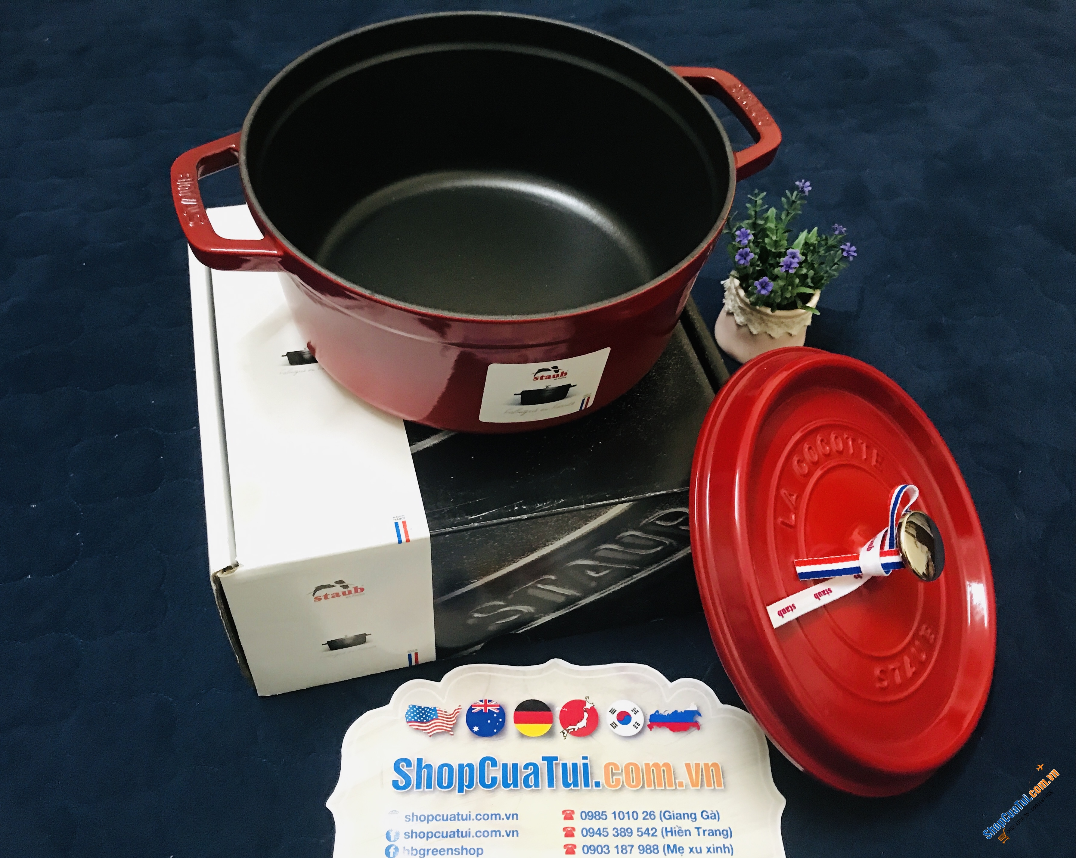 NỒI GANG STAUB 24CM cao 10cm DUNG TÍCH 3,8L - màu đỏ cherry