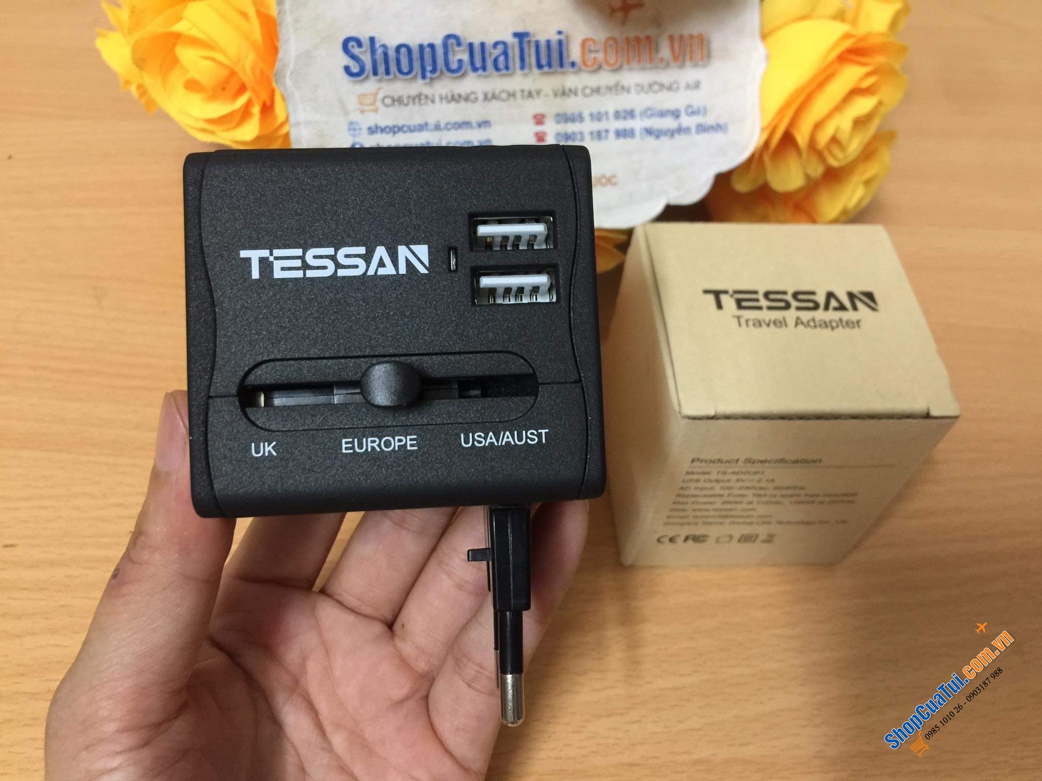 Ổ cắm du lich, công tác kiêm Usb, đầu sạc iphone ipad TESSAN.