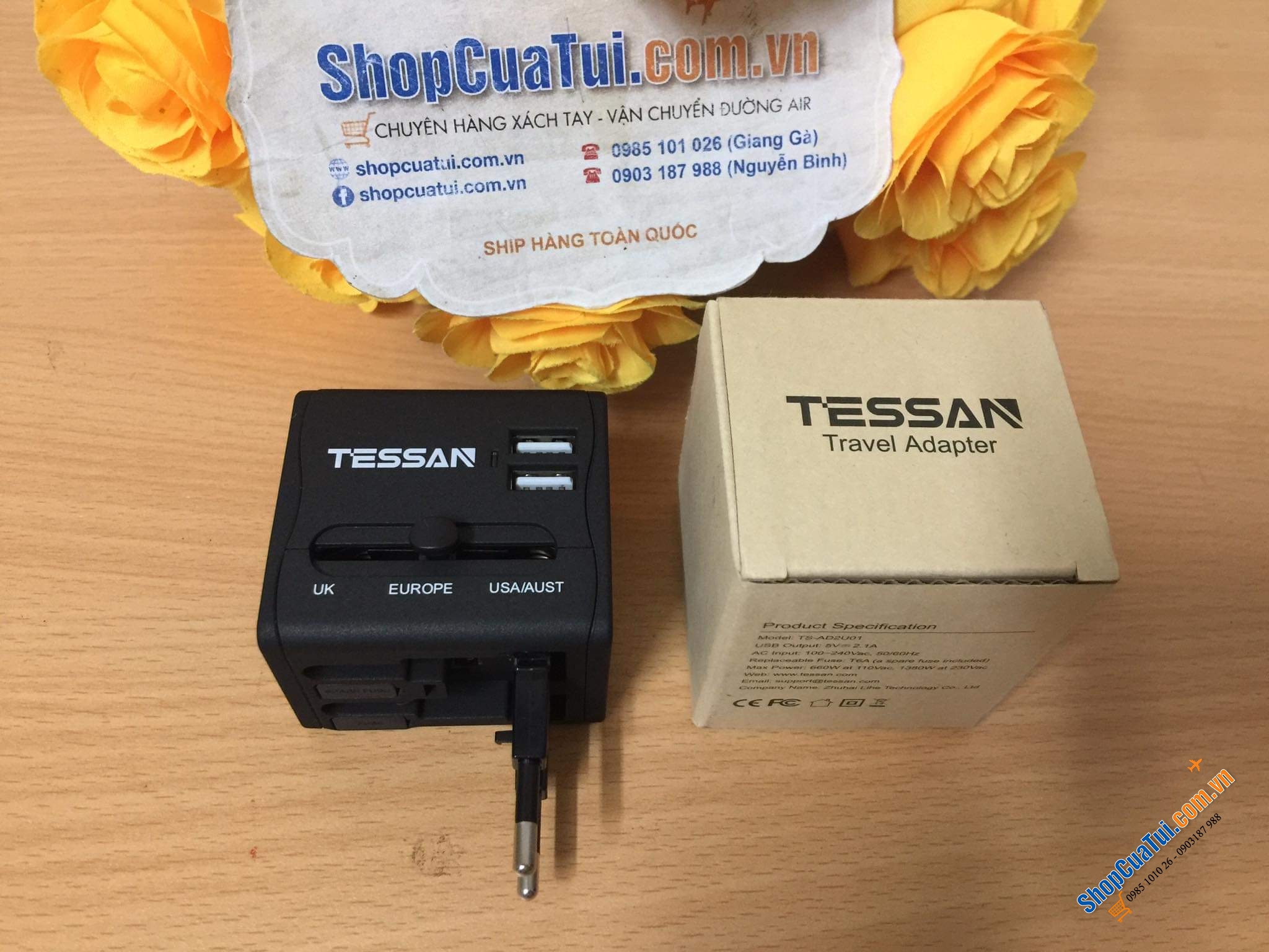 Ổ cắm du lich, công tác kiêm Usb, đầu sạc iphone ipad TESSAN.
