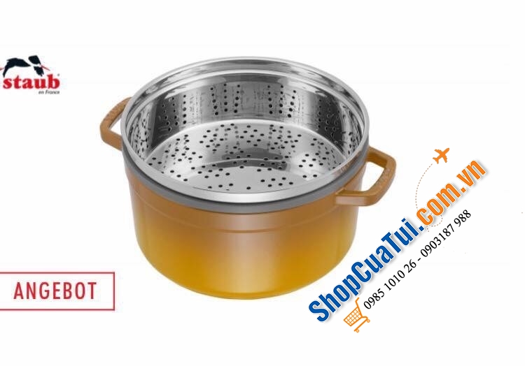 NỒI GANG ĐÚC STAUB KÈM XỬNG HẤP SIZE 26 CM MÀU VÀNG MÙ TẠC