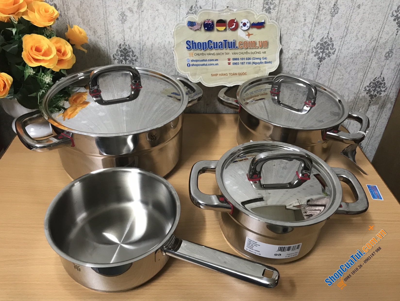 BỘ NỒI WMF PREMIUM ONE 3 NỒI 1 QUÁNH - Dập chìm MADE IN GERMANY dưới đáy nồi