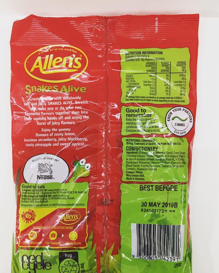 kẹo dẻo Allens của Nestle túi 190g, sản xuất tại Úc