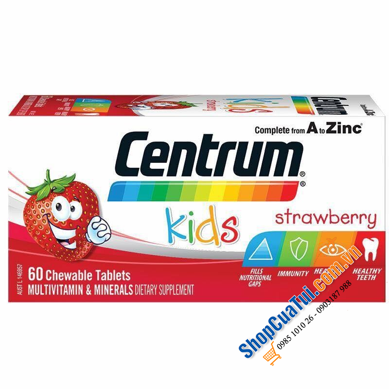 Centrum Kids Multi Vitamin Strawberry 60 Tablets dạng viên nhai vị dâu tây chứa 18 vitamin và khoáng chất cho bé từ 3 tuổi trở lên / hộp 60 viên