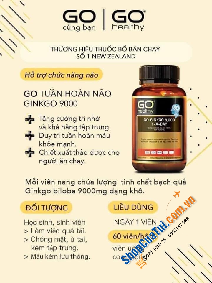 BỔ NÃO, HOẠT HUYẾT DƯỠNG NÃO GINKGO 9000mg - GO Healthy 60 viên - hỗ trợ trí nhớ và sự tập trung gấp 4,5 lần loại bình thường, hàm lượng ginkgo cao nhất hiện nay