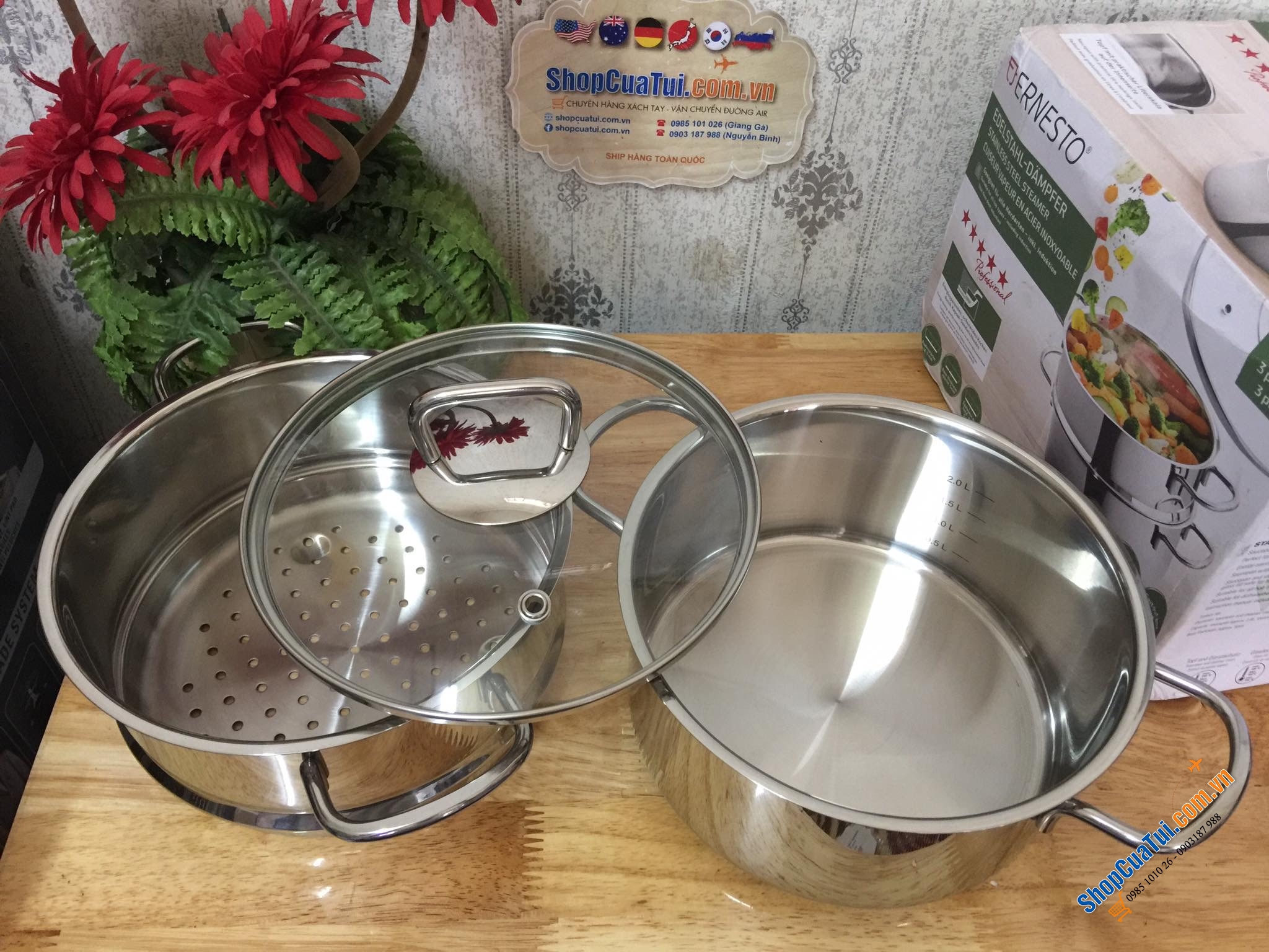 Bộ nồi xửng hấp Ernesto 20cm - đồ xôi, hấp tôm cua ghẹ cá gà...- Hàng nội địa Đức