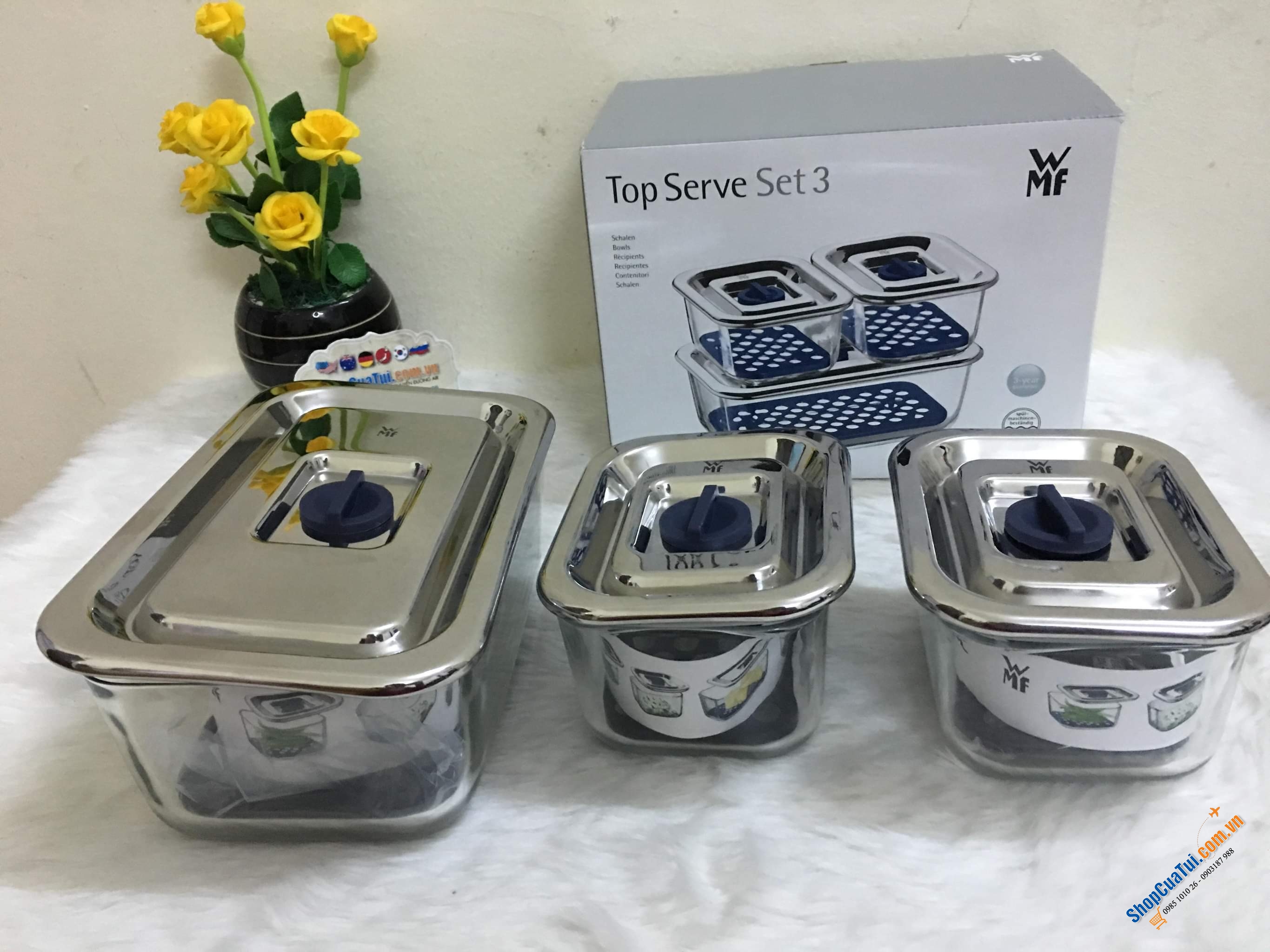 Hộp đựng cơm, SET 3 HỘP THUỶ TINH ĐỰNG THỰC PHẨM WMF - Made in Germany