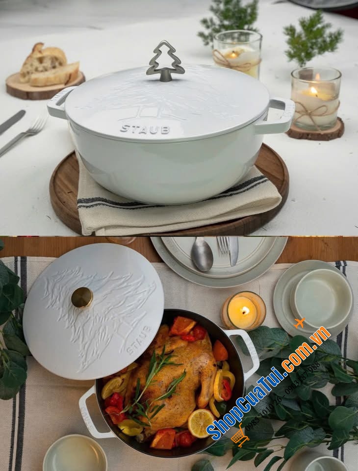 NỒI CHẢO GANG ĐÚC STAUB 24cm màu xanh - màu trắng hoạ tiết cây thông - MADE IN FRANCE