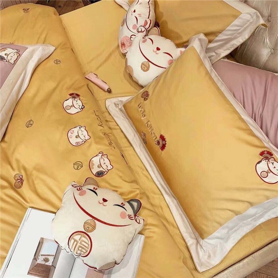 set chăn ga gối MÈO THẦN TÀI MANG PHÚC LỘC satin lụa SweetHome261218_5