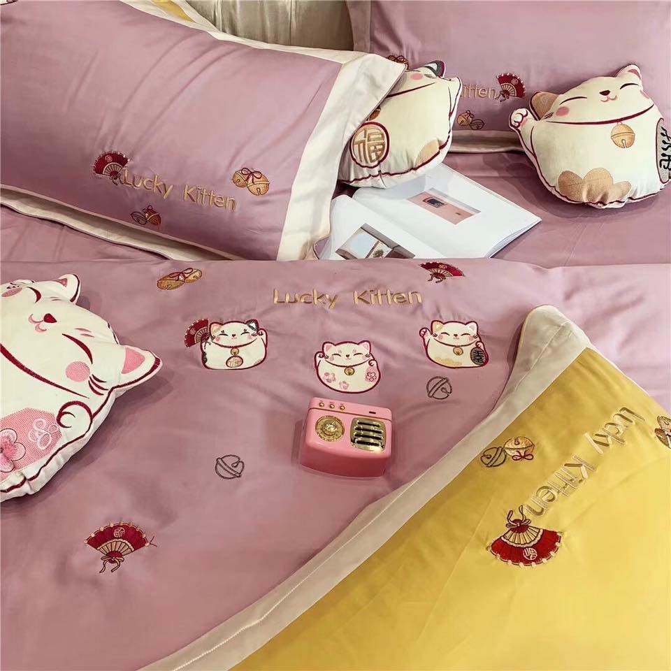 set chăn ga gối MÈO THẦN TÀI MANG PHÚC LỘC satin lụa SweetHome261218_5