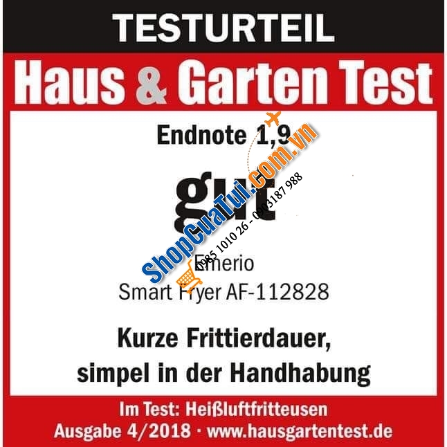 EMERIO-  SMART FRYER - NỒI CHIÊN không dầu NỘI ĐỊA ĐỨC ĐƯỢC ĐÁNH GIÁ “ Very Good “ 4,5/5