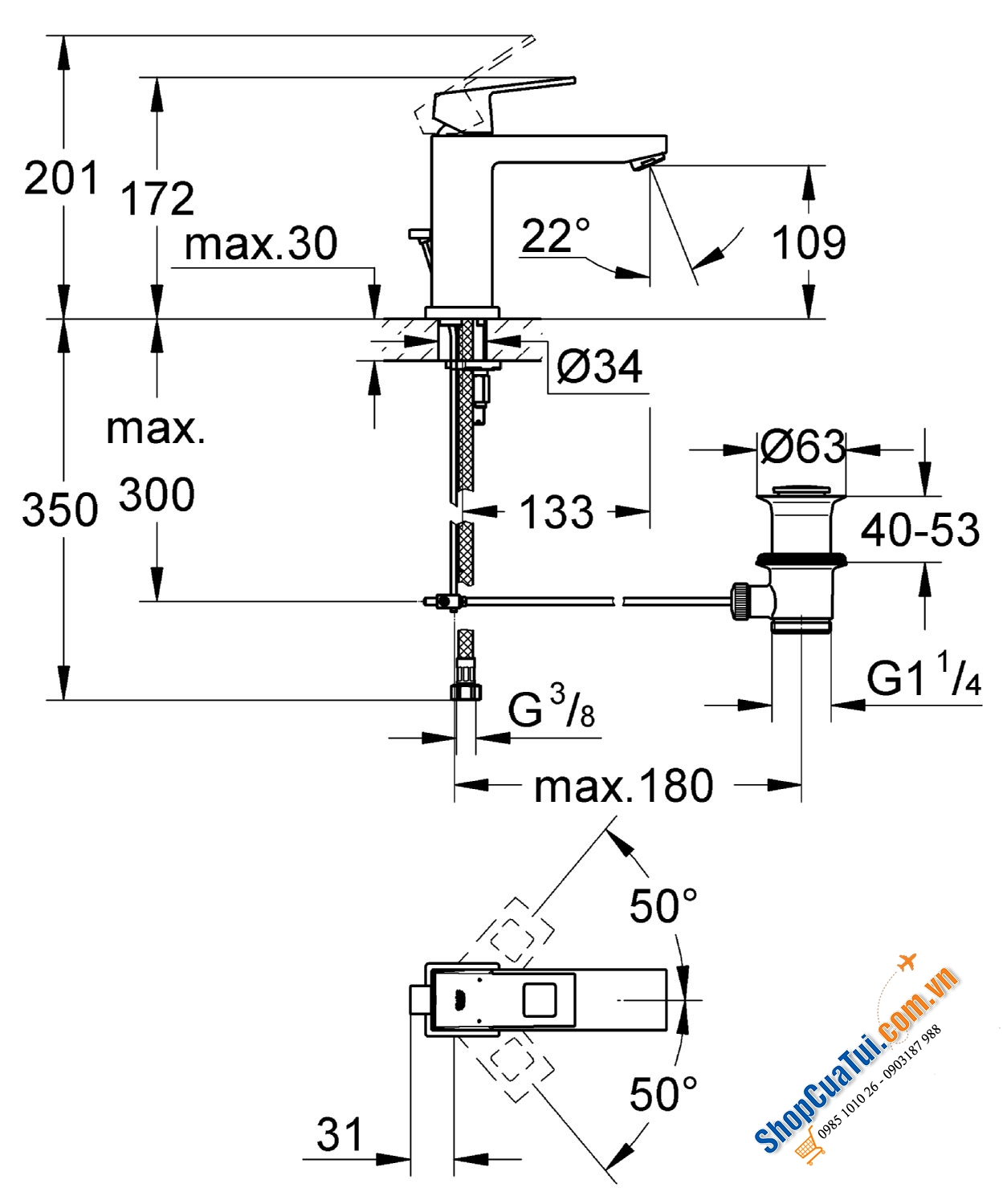 Vòi chậu Grohe 23445000 cỡ M