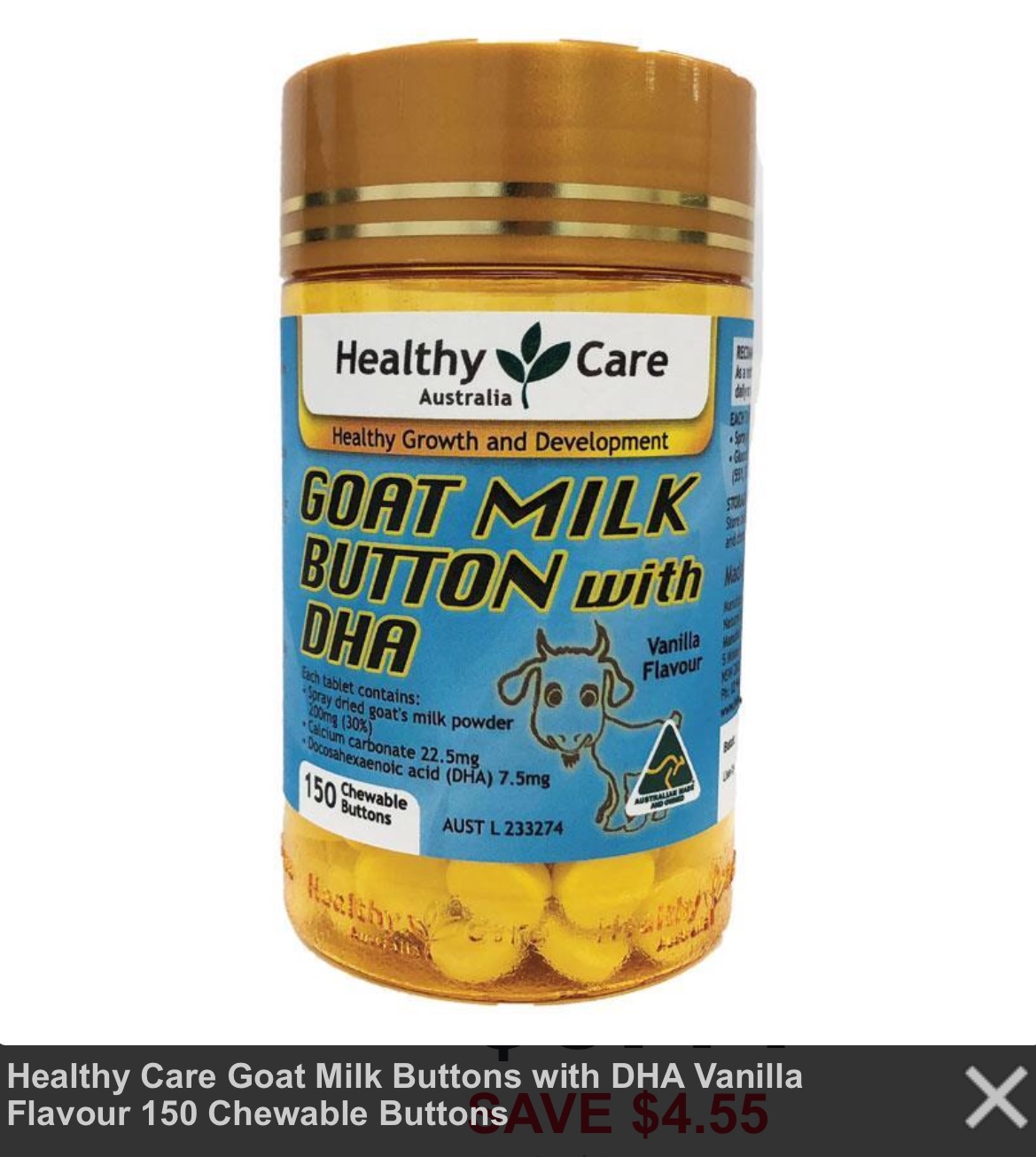 Viên nén chiết xuất sữa dê Healthy Care Goat Milk Buttons with DHA Vanilla Flavour 150 viên