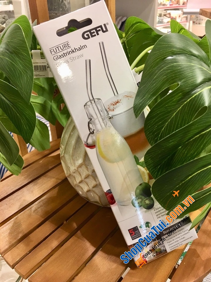 SET ỐNG HÚT THUỶ TINH DÁNG CONG 4 CÁI KÈM CHỔI VỆ SINH GEFU GERMANY 