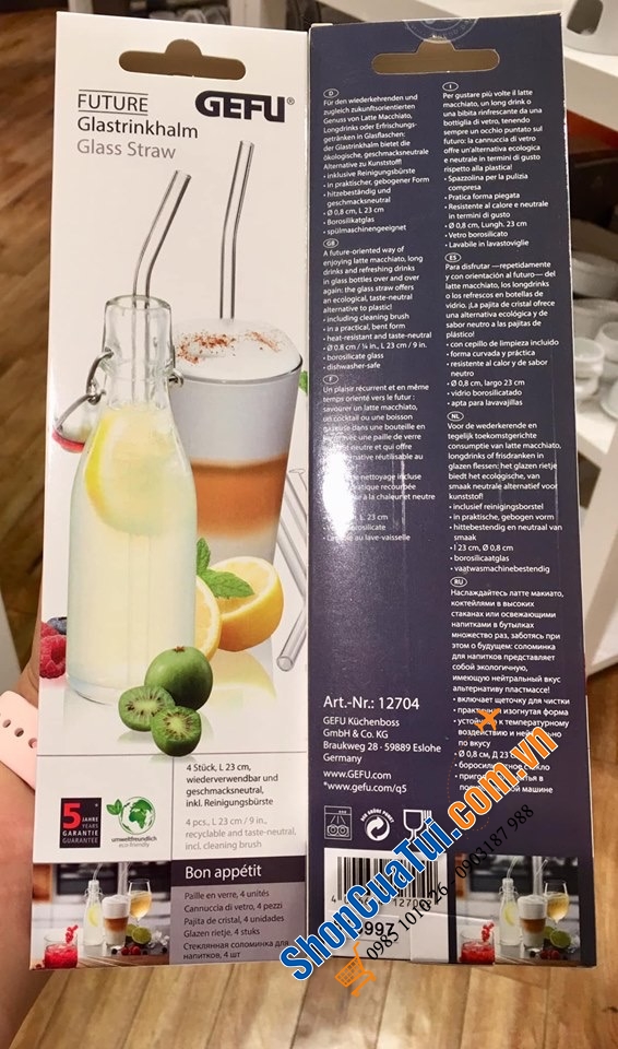 SET ỐNG HÚT THUỶ TINH DÁNG CONG 4 CÁI KÈM CHỔI VỆ SINH GEFU GERMANY 